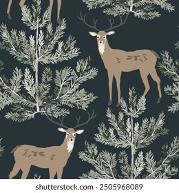 Christmas seamless pattern, deer animals, pine trees, black background. Vector illustration. Nature design. Season greeting. Winter Xmas holidays