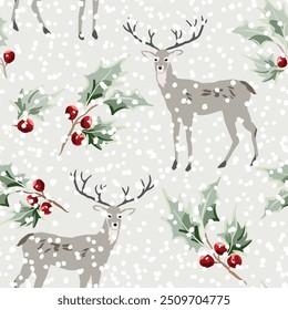 Christmas seamless pattern, deer animals, holly twigs with red berries, snow, light gray background. Vector illustration. Nature design. Season greeting. Winter Xmas holidays