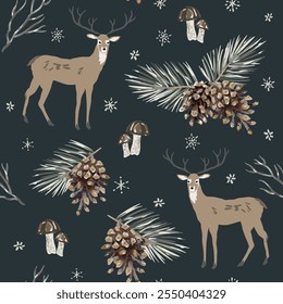 Navidades sin patrón, animales de ciervo, ramas de pino, conos, setas, copos de nieve, fondo negro de la noche. Ilustración vectorial. Diseño de Naturaleza. Saludo de temporada. Vacaciones de invierno