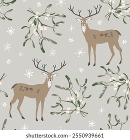 Christmas seamless pattern, deer animals, mistletoe, snowflakes, gray background. Vector illustration. Nature design. Season greeting. Winter holidays