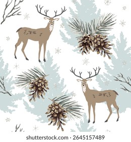Christmas seamless pattern. Deer animals, cones, pine twigs, snowflakes, fir tree silhouettes, white background. Vector illustration. Nature design. Season greeting. Winter forest. Xmas holidays