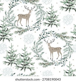 Christmas seamless pattern, deer animals, green twigs wreaths, fir trees forest, stars, snowflakes, white background. Vector illustration. Nature design. Season greeting. Winter Xmas holidays