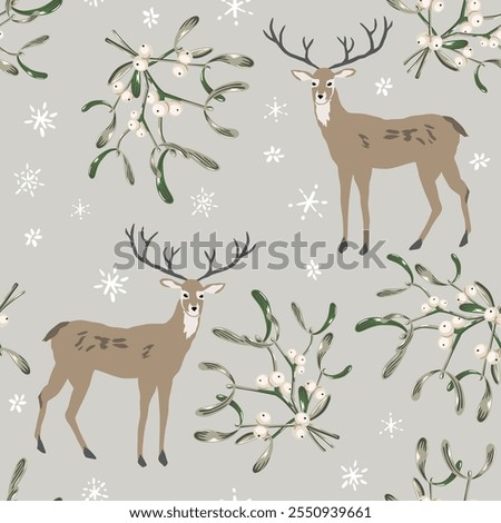 Christmas seamless pattern, deer animals, mistletoe, snowflakes, gray background. Vector illustration. Nature design. Season greeting. Winter holidays