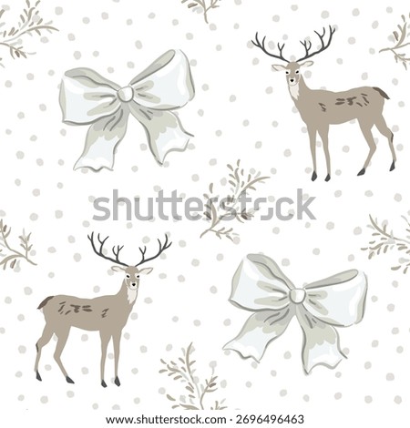 Christmas seamless pattern, deer animals, twigs, bows, snow, white background. Vector illustration. Nature design. Season greeting. Winter holidays
