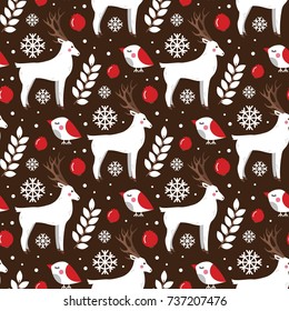 Christmas seamless pattern with deer and birds