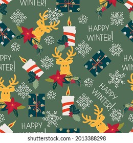 christmas seamless pattern with deer, candles, gifts and snowflakes, vector design for paper, fabric and other surfaces