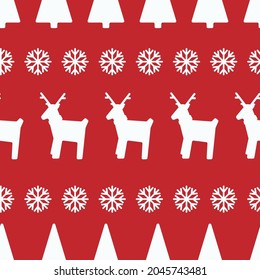 Christmas seamless pattern with deer, fir trees and snowflakes on a red background.