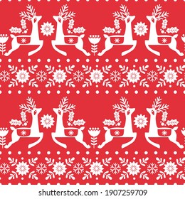 Christmas seamless pattern with deer and flowers on red background. Vector illustration. 