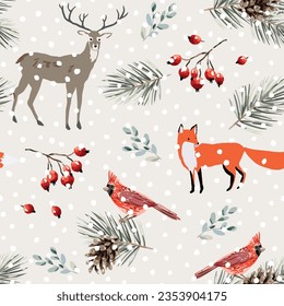 Christmas seamless pattern, deer, fox animals, cardinal birds, pine twigs, cones, red berries, snow, beige background. Vector illustration. Nature design. Season greeting. Winter Xmas holidays