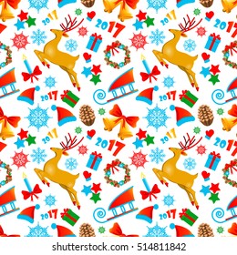 Christmas seamless pattern with deer, gift, star, glove, snowflake, pine cone, Christmas wreath, candle, bell, bow, 2017, sled, Santa's hat. Vector illustration isolated on white background.