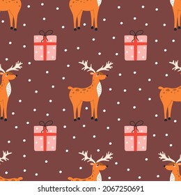 Christmas seamless pattern with deer, gifts and snowflakes in flat style