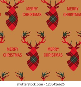 Christmas seamless pattern with deer head on plaid background.