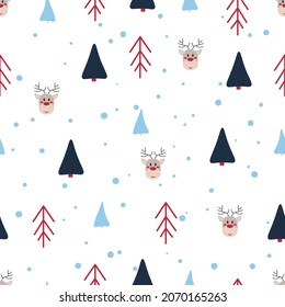 Christmas seamless pattern with deer heads, spruce branches and trees on white background