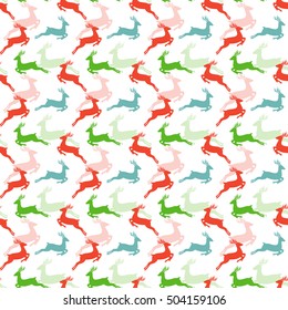 Christmas seamless pattern with deer. Holiday background in white, red, green and blue colors. Vector illustration.