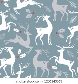 Christmas Seamless Pattern With Deer And Holly Berries On Blue Background.