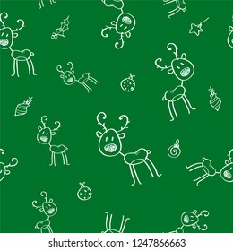 Christmas seamless pattern with deer and holly berries on blue background.