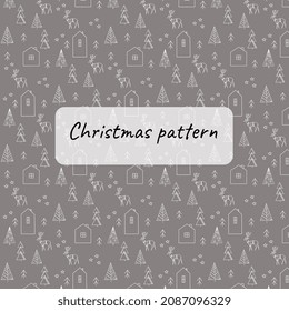 Christmas seamless pattern with deer and houses, vector illustration, for gift wrapping