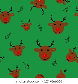 Christmas seamless pattern with deer on green background.