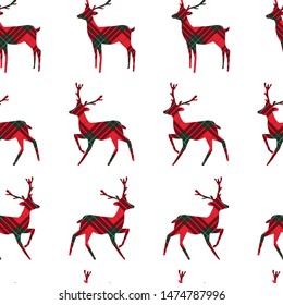 Christmas seamless pattern with deer on tartan pattern. Vector illustration.