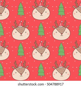 Christmas seamless pattern with deer on a red background