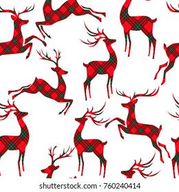 Christmas seamless pattern with deer on tartan background. Vector illustration.