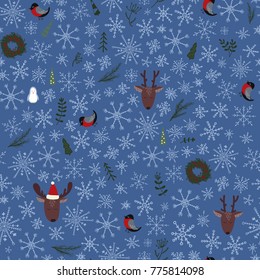 Christmas seamless pattern with deer, penguin, bullfinch and snowflakes. Stock vector