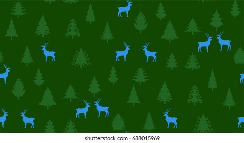 Christmas seamless pattern with deer and pine trees on green background.