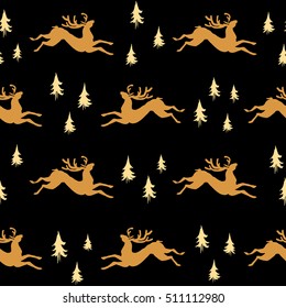 Christmas seamless pattern, deer silhouettes with xmas pine tree doodle.Hand drawn background for design and decoration textile, covers, package, wrapping paper. 