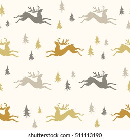 Christmas seamless pattern, deer silhouettes with xmas pine tree doodle.Hand drawn background for design and decoration textile, covers, package, wrapping paper. 