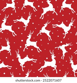 Christmas seamless pattern with deer and snow on a red background. Vector.