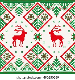 Christmas seamless pattern with deer, snowflake and tree. Red and green pixel images with light background.