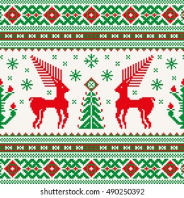Christmas seamless pattern with deer, snowflake and tree. Red and green pixel images with light background.