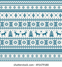 Christmas seamless pattern with deer, snowflake and tree. Blue pixel images with light background.