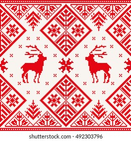 Christmas seamless pattern with deer, snowflake and tree. Red pixel images with light background. Vector eps file.