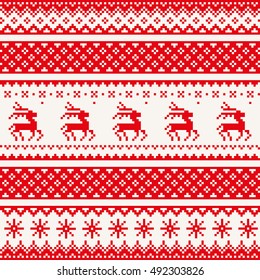 Christmas seamless pattern with deer and snowflake. Red pixel images with light background. Vector eps file.