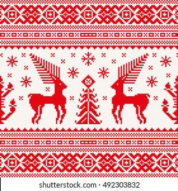 Christmas seamless pattern with deer, snowflake and tree. Red pixel images with light background. Vector eps file.