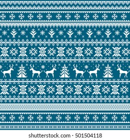 Christmas seamless pattern with deer, snowflake and tree. White pixel images with blue background.