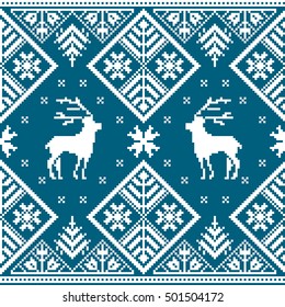 Christmas seamless pattern with deer, snowflake and tree. White pixel images with blue background.