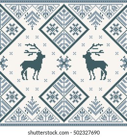 Christmas seamless pattern with deer, snowflake and tree. Dark & light blue pixel images with light background.
