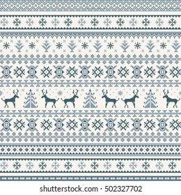 Christmas seamless pattern with deer, snowflake and tree. Dark & light blue pixel images with light background.