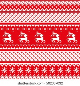 Christmas seamless pattern with deer and snowflake. White pixel images with red background. Vector eps file.