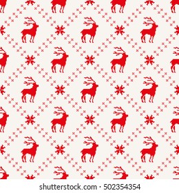 Christmas seamless pattern with deer, snowflake and diagonal strips. Red pixel images with light background. Ideal for wrapping paper. Vector eps file.