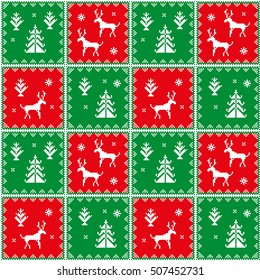 Christmas seamless pattern with deer, snowflake, tree and strips. White pixel images with red and green background. Ideal for wrapping paper.