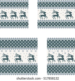 Christmas seamless pattern with deer and snowflake. Dark & light blue pixel images. Vector eps file.