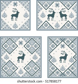Christmas seamless pattern with deer, snowflake and tree. Dark & light blue pixel images. Vector eps file.