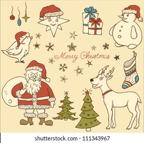 Patrón ininterrumpido de Navidad con ciervos, muñecos de nieve, copos de nieve, etc. dibujados a mano