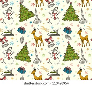 Christmas seamless pattern with deer, snowman, snowflakes, etc. Hand drawn