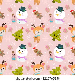 Christmas seamless pattern with deer snowman and tree design