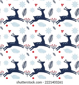 
Navidad sin fisuras con ciervos, abetos, bayas y copos de nieve. Ilustración vectorial escandinava. Patrón vectorial para el diseño de las tarjetas de Navidad y Año Nuevo.