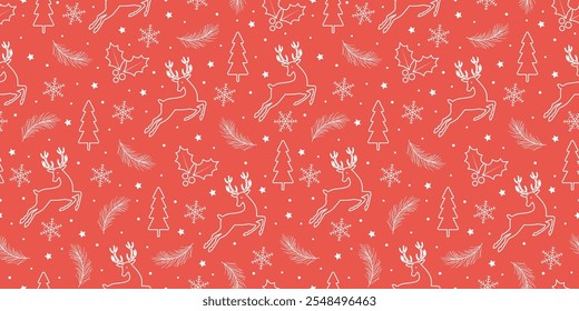 Christmas seamless pattern with deer, Christmas tree, holly berries, snowflakes on red background. Vector illustration for gift wrapping paper, fabric, clothes, textiles, surface textures, scrapbook.